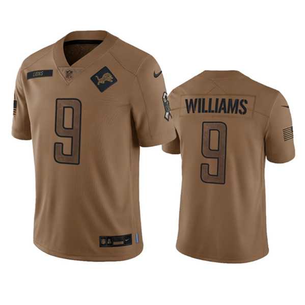 Mens Detroit Lions #9 Jameson Williams 2023 Brown Salute To Service Limited Football Stitched Jersey Dyin
